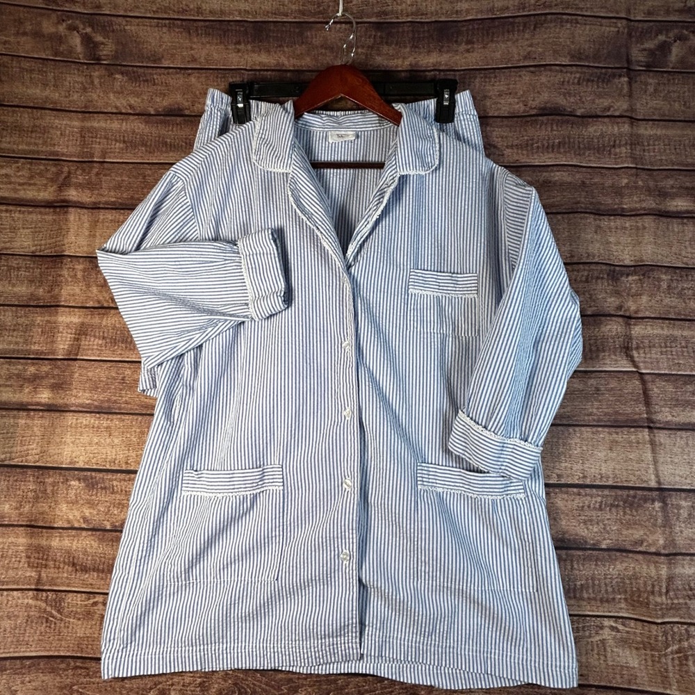 VTG Talbots Intimates Blue Seersucker Pajama Set Crochet Trim Top Shorts XL